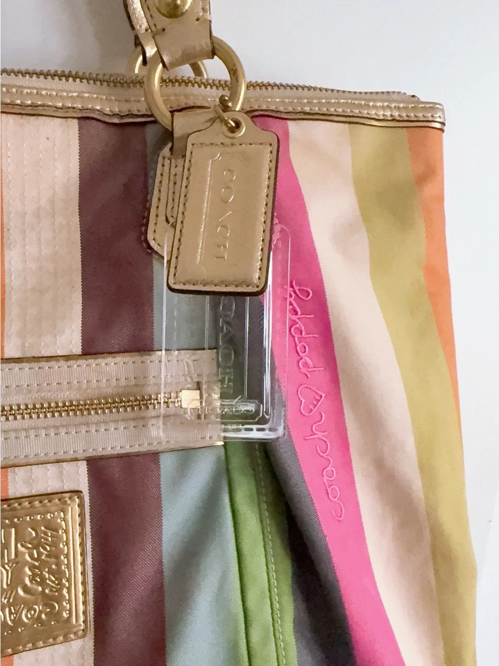Authentic Coach Poppy Legacy Multicolor Stripes Tote Sequin & Gold Leather - Picture 3 of 12